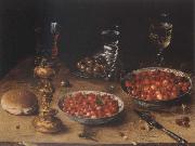 Museum national style life with cherries and strawberries in Chinese china shot els, Osias Beert